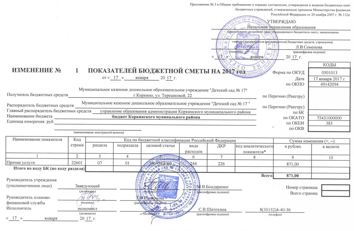 Образец внесения изменений в бюджетную смету казенного учреждения